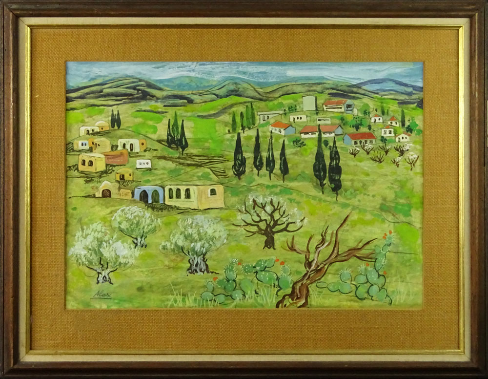 Mid-Century Gouache on paper "Landscape With Cottages" Signed lower left "Alex: Good condition.