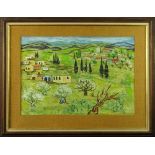 Mid-Century Gouache on paper "Landscape With Cottages" Signed lower left "Alex: Good condition.