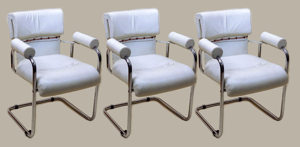 Set of Three (3) 1970's Guido Faleschini by Mariani for Pace Leather and Chrome Chairs. White