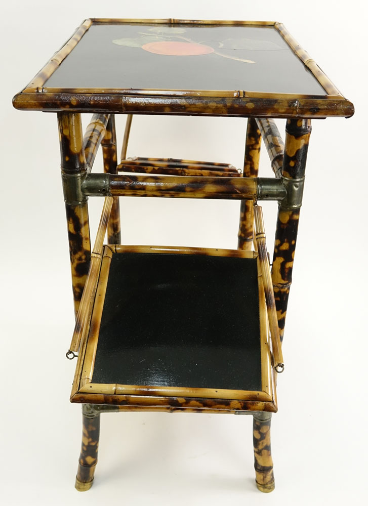 Vintage Lacquered Bamboo Small Table With 2 Fold Up Shelves. Decorated with Fruit Motif. Unsigned. - Image 3 of 3