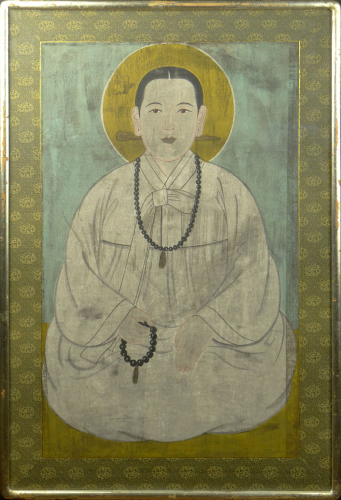 Large Contemporary Chinese Gouache on Paper With Fabric Border "Man With Prayer Beads" Unsigned.