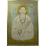 Large Contemporary Chinese Gouache on Paper With Fabric Border "Man With Prayer Beads" Unsigned.