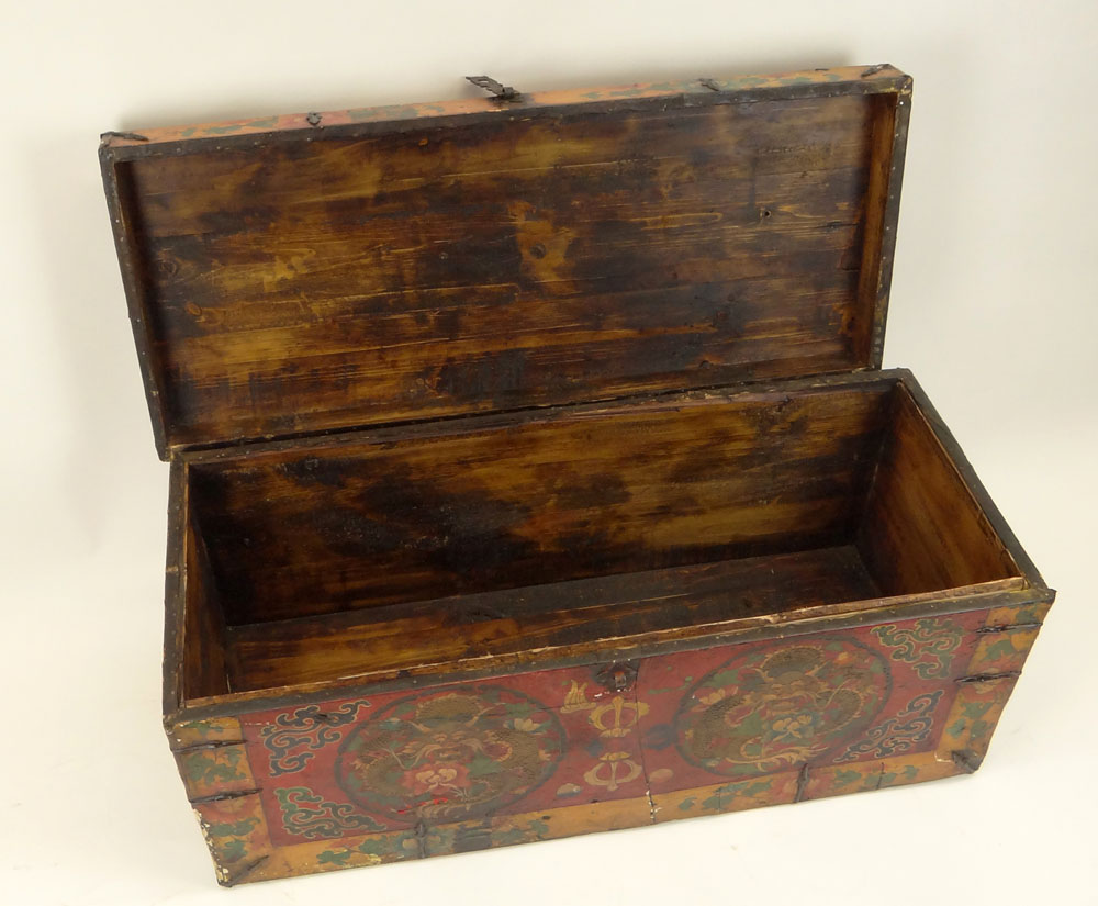 Antique Tibetan Trunk. Very Colorful. Unsigned. Some wear, rubbing and stains. Measures 16-1/2 - Image 4 of 9