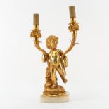 Late 19th Century Two Arm Gilt Bronze Putti Lamp on Marble Base. Depicts a jovial putti figure