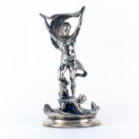 Eugen Marcus Style Art Nouveau Silver Metal Centerpiece Sculpture. Depicts a male figure holding