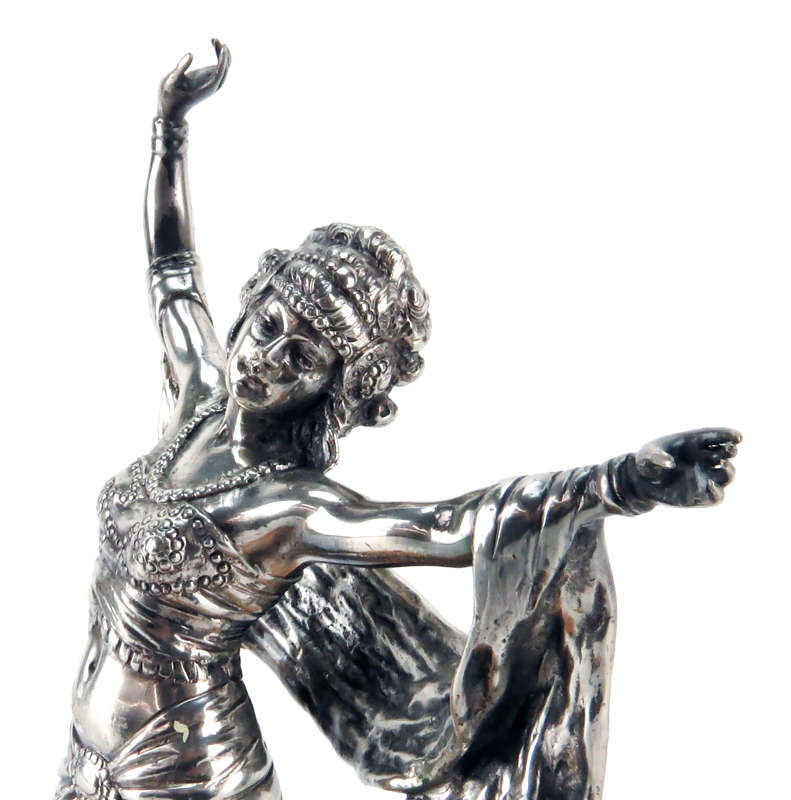 Paul Philippe Style Art Deco Silvered Bronze Dancer on Alabaster Base. Unsigned. Patina wear, few - Image 2 of 2