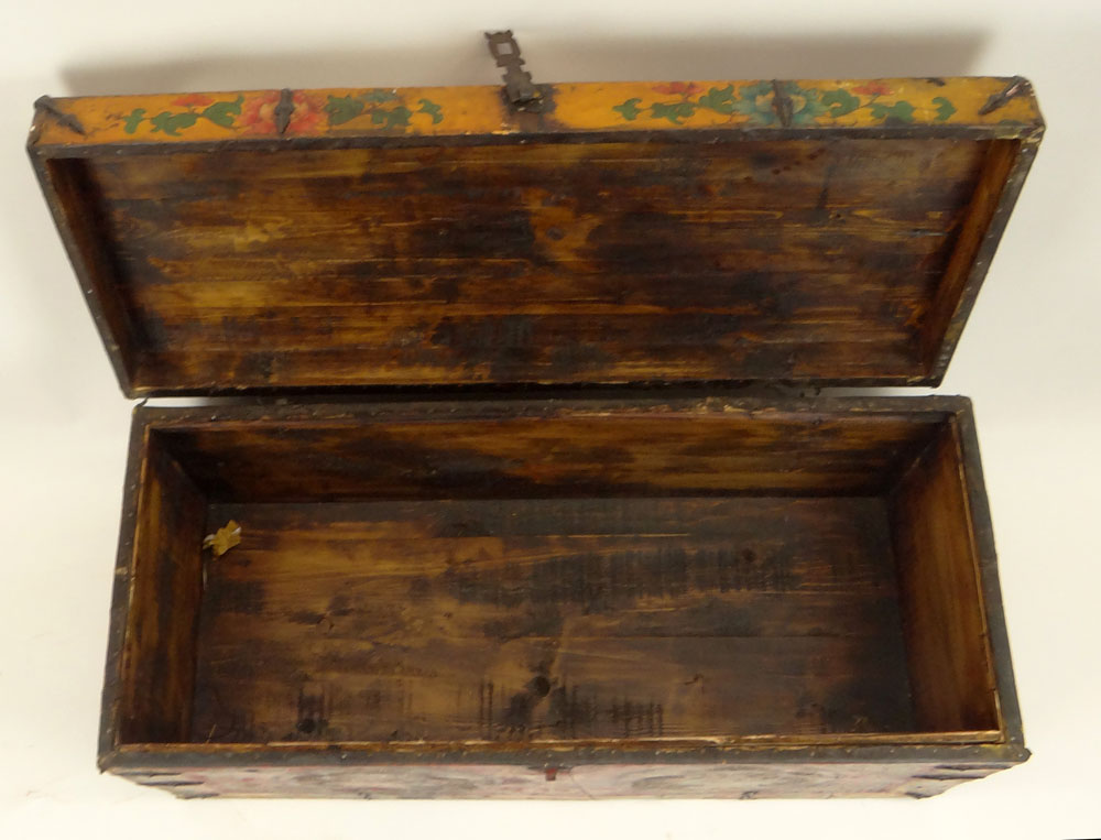 Antique Tibetan Trunk. Very Colorful. Unsigned. Some wear, rubbing and stains. Measures 16-1/2 - Image 5 of 9