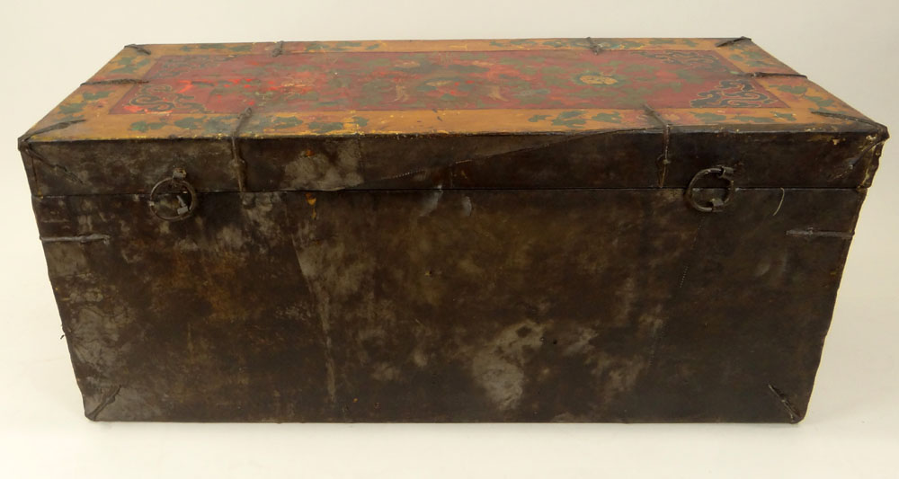 Antique Tibetan Trunk. Very Colorful. Unsigned. Some wear, rubbing and stains. Measures 16-1/2 - Image 9 of 9