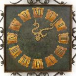 Vintage Wrought Iron Wall Clock. Roman numeral display with decorative hands. Unsigned. Rubbing