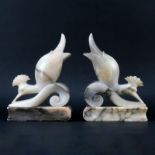 Pair of Italian Art Deco Style Carved Alabaster Bird Bookends. Depicts perched birds in feeding