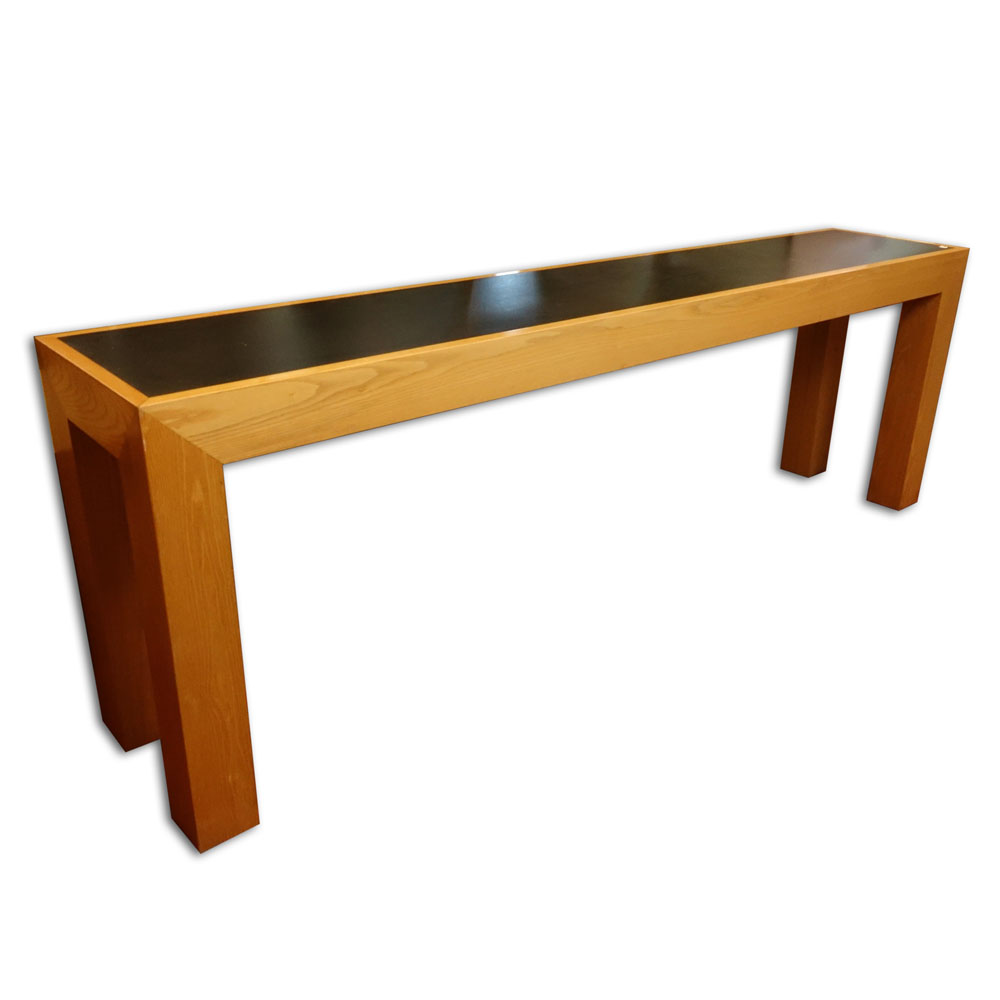 Contemporary Wood with Faux Leather Console Table. Unsigned. Good condition. Measures 28' H x 84"