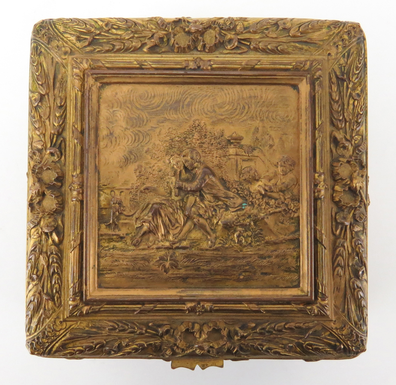 Circa 1916 Gilt Bronze Renaissance Revival style High Relief Box. Depicts fine framed courting scene - Image 4 of 8