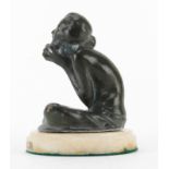 Early 20th Century French Art Deco Bronze Nude Sculpture on Marble base. Depicts a seated nymph