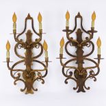 Pair of Vintage Burnished Metal Four (4) Light Sconces. Unsigned. Good condition. Measures 25-1/2" H