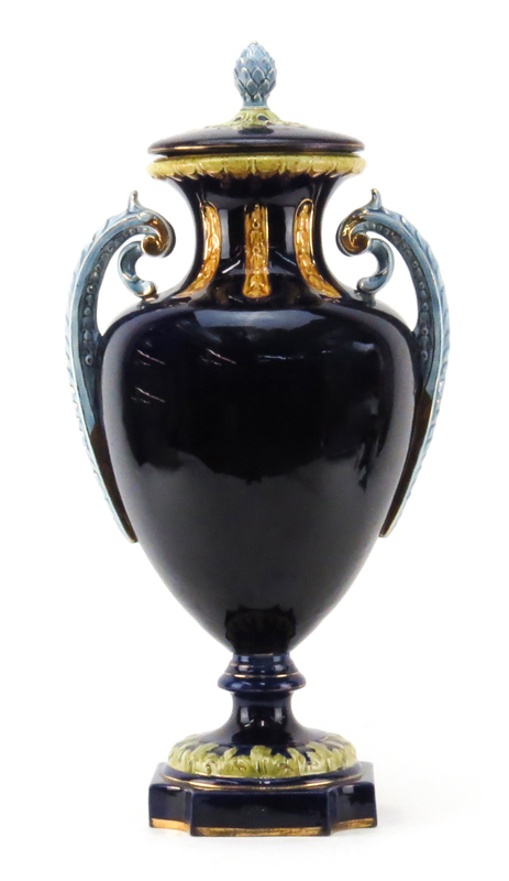 Antique Majolica Art Nouveau Style Cobalt Blue Pottery Covered Urn. Unsigned. Decorated with - Image 2 of 6