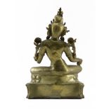 Large Vintage Brass Seated Hindu Goddess. Some rubbing, good condition. Measures 17" H x 11" W.