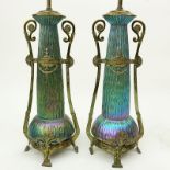 An Impressive Pair Of Kralik Sea Urchin Art Nouveau Bohemian Art Glass Lamps. The bases in the