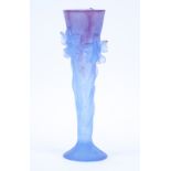 Daum Pate De Verre Vase. Iris motif in blue and purple. Signed Daum France. Small chip on petal or