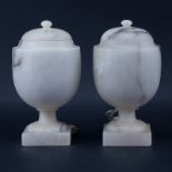 Pair of Alabaster Covered Lamps. Repair to one cover, nicks, and scuffs. Measures 9-3/4" H.