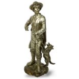 Modern European Style Silver Color Bronze Sculpture. Depicts a young boy holding a flute posing with