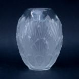 Lalique Crystal Deco Style Leaf Motif Vase. Signed. Good condition. Measures 8” H. Shipping $75.