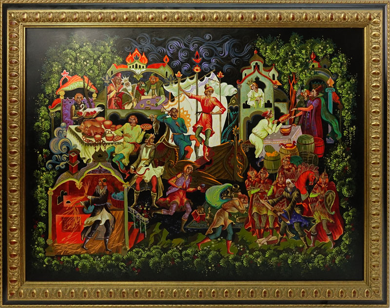 Modern Russian Oil On Canvas "Fairy Tales" Unsigned. Good condition. Measures 36" x 48", frame