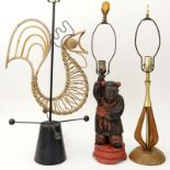 Lot of Three (3) Vintage Mid-Century Lamps. Includes Rattan Rooster 26" H, Figural Chinese 26-3/4" H