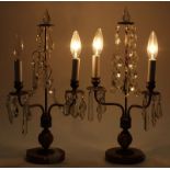 Pair of Art Deco Onyx and French Metal Candelabra Lamps with Hanging Prism. Rubbing to metal,