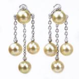 Golden Pearl, Approx. .44 Carat Diamond and 18 Karat White Gold Chandelier Earrings. Pearls