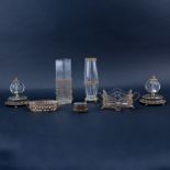 Grouping of Seven (7) Antique Brass Mounted Glassware. Includes: two vases, two dishes, trinket box,