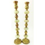 Pair of Tall Mid Century Brass and Onyx Candlesticks. Rubbing to brass. Measures 30-1/2" H.