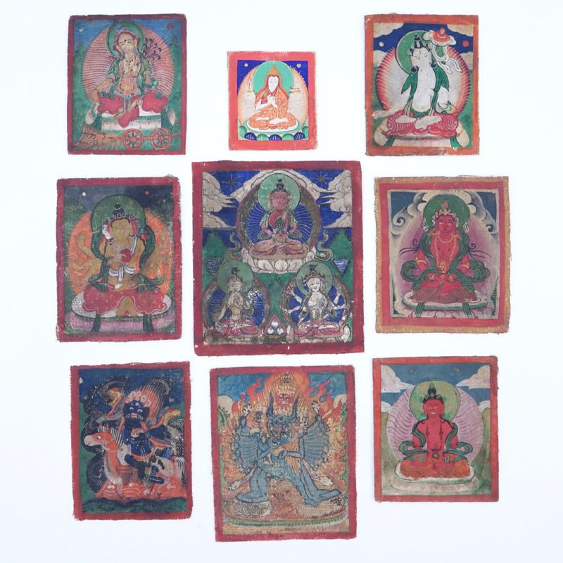 Collection of Nine (9) Tsaklis Miniature Tangka Paintings. Depicts various deities. Some with text