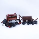 Grouping of Pentax K1000 and Pentax Auto 110 Film Cameras in Leather Traveling Cases. K1000