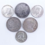 Collection of Six (6) U.S. Silver Coins. Includes: two Morgan silver dollars, one Peace dollar,