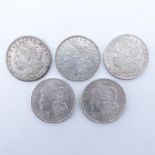 Collection of Five (5) U.S. Morgan Silver Dollars. All dated 1921, mintmark to one coin.