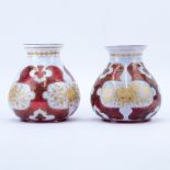 Pair of Antique Bohemian Cased Ruby and White Glass Vases with Gilt Painted Accents. Unsigned.