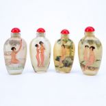 Collection of Four (4) Chinese Reverse Painted Glass Snuff Bottles. Each feature nude erotic scenes.