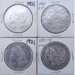 Collection of Four (4) Morgan Silver Dollars in Sleeves. Dates range from 1881-1921. One with mint