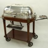 Large French Silver Plate and Carved Wood Meat Carving Trolley. Large vented dome top rolls back