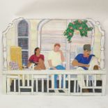 Contemporary Hand Painted Wood Painting. Depicts a porch scene. Signed lower right R. Shaumberg?