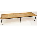 Mid Century Ribbed Wood Bench. Straight iron legs. Unsigned. Wear, rubbing. Measures 67" L x 13" H x