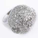 Approx. 3.08 Carat Pave Set Round Brilliant Cut Diamond and 18 Karat White Gold Dome Ring. Stamped