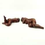 Two (2) Contemporary Carved Wood Sculptures "Reclining Nudes" Carved initials on bottom RB (with