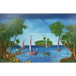 Contemporary Haitian Acrylic On Canvas "Island Fishing" Signed lower left (illegible). Good