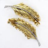 Pair of Vintage Buccellati style 14 Karat Yellow and White Gold Leaf Brooches Accented with Small