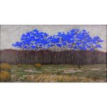 Contemporary Oil On Canvas "Blue Trees In Landscape". Signed Rowland lower right, inscribed en