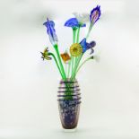 Mid Century Beranek Art Glass Bouquet of Flowers in Marcello Furlan Vase. Total of 12 flowers.