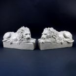 Pair of Large Glazed Pottery Resting Lions. Unsigned. Crackle to glaze, normal wear otherwise good