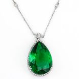 Approx. 23.93 Carat Pear Shape Green Stone, .65 Carat Diamond and 14 Karat White Gold Pendant