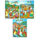 Three (3) Decorative Haitian Acrylic On Canvas Paintings "Market Scenes" Signed J. Paul. Good